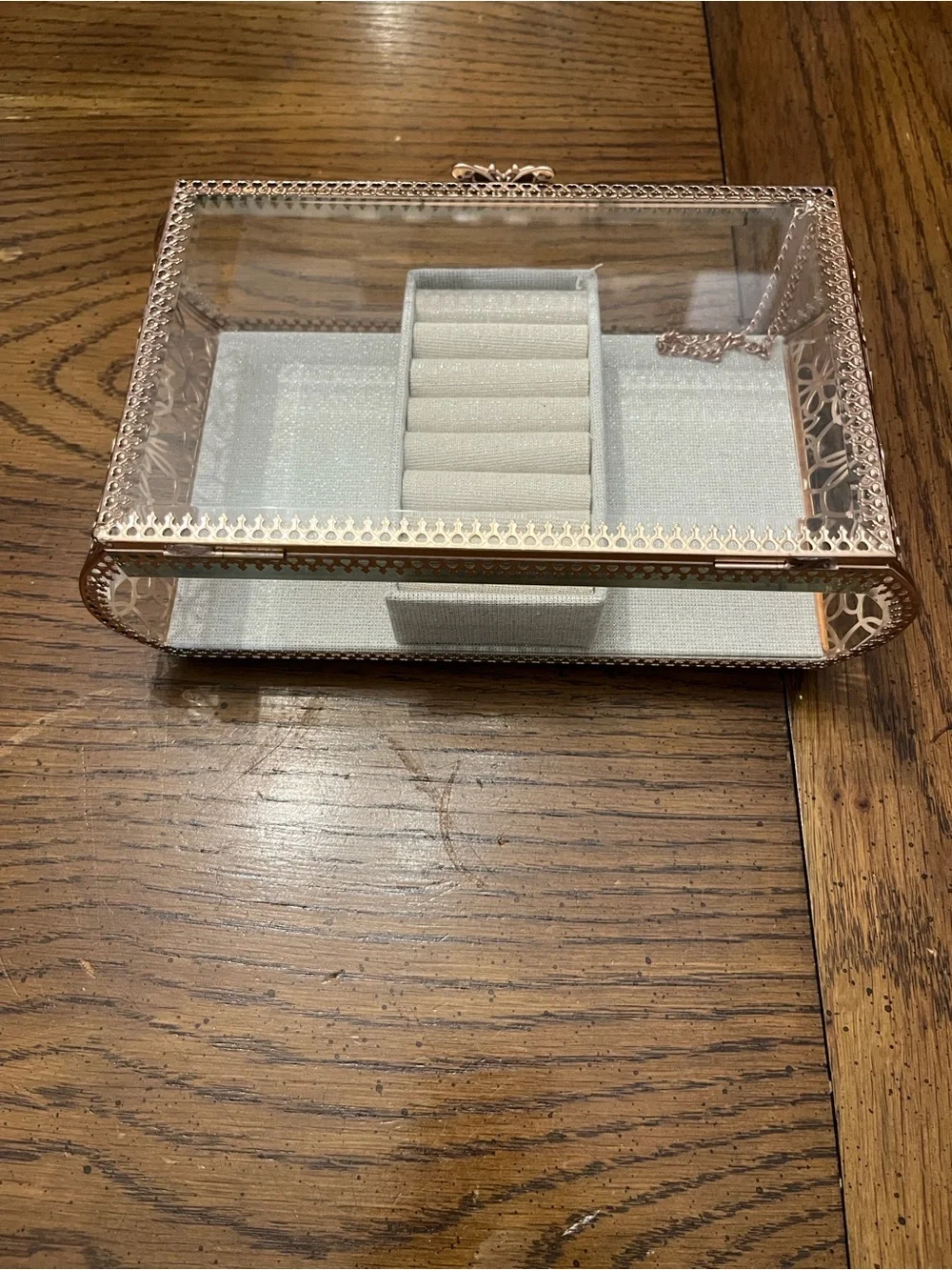 Rachel Ashwell Glass Jewelry Display Box with Rose Gold Trim and Gray Lining